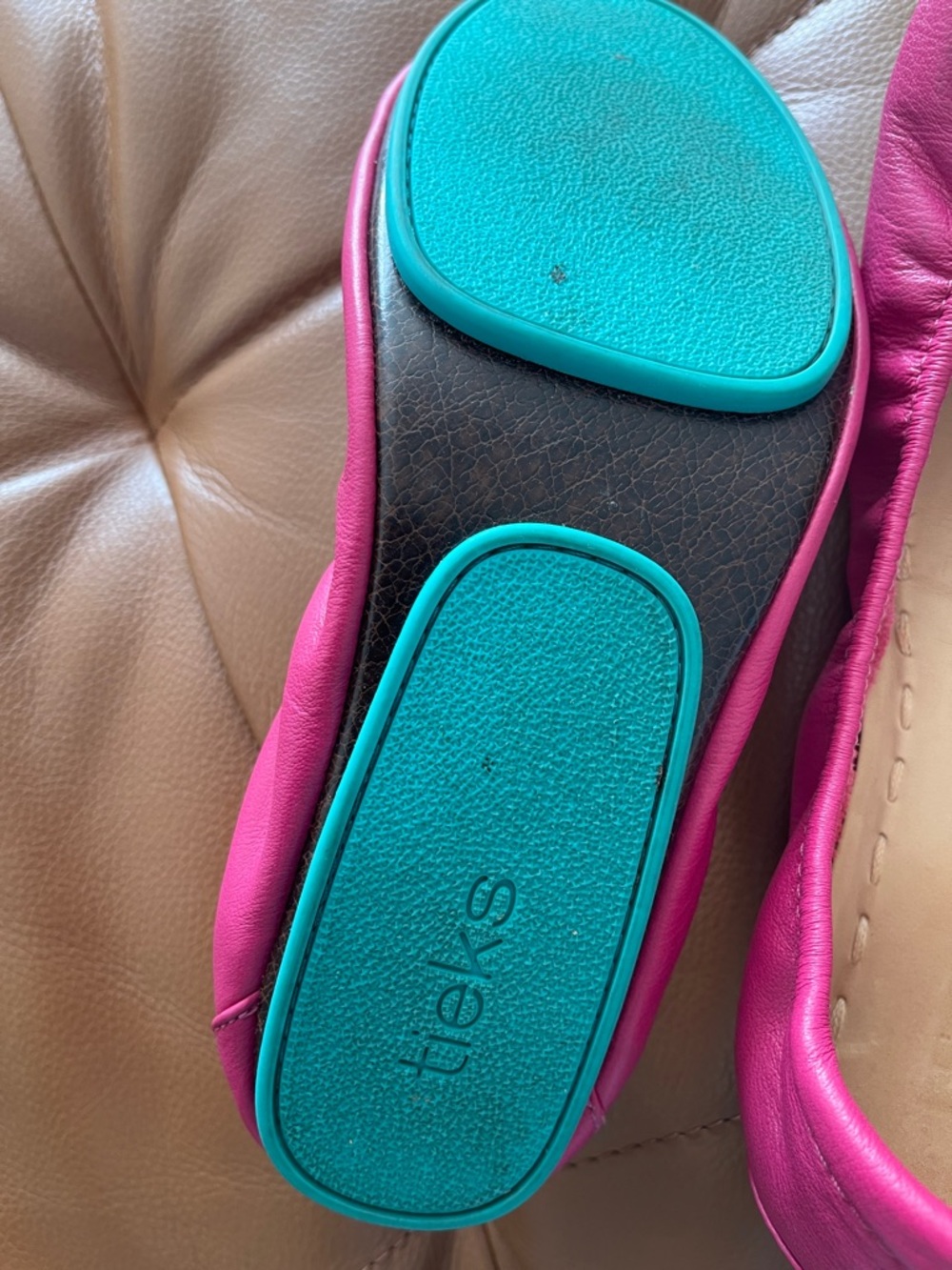 Tieks by Gavieli Women's Hot Pink Leather Ballet Flats with Turquoise Sole - Picture 12 of 13